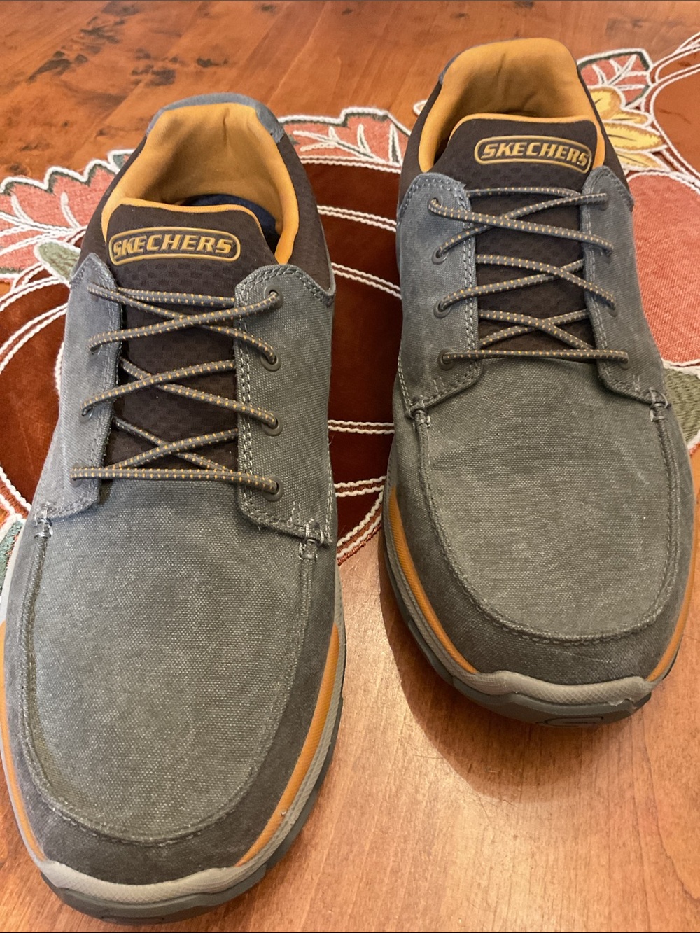 Skechers Men's Gray Canvas Slip-On Style Sneakers with Tan Trim